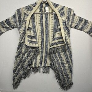 Frazzle Ra Blue Print Fringed‎ Sweater Large Open Front